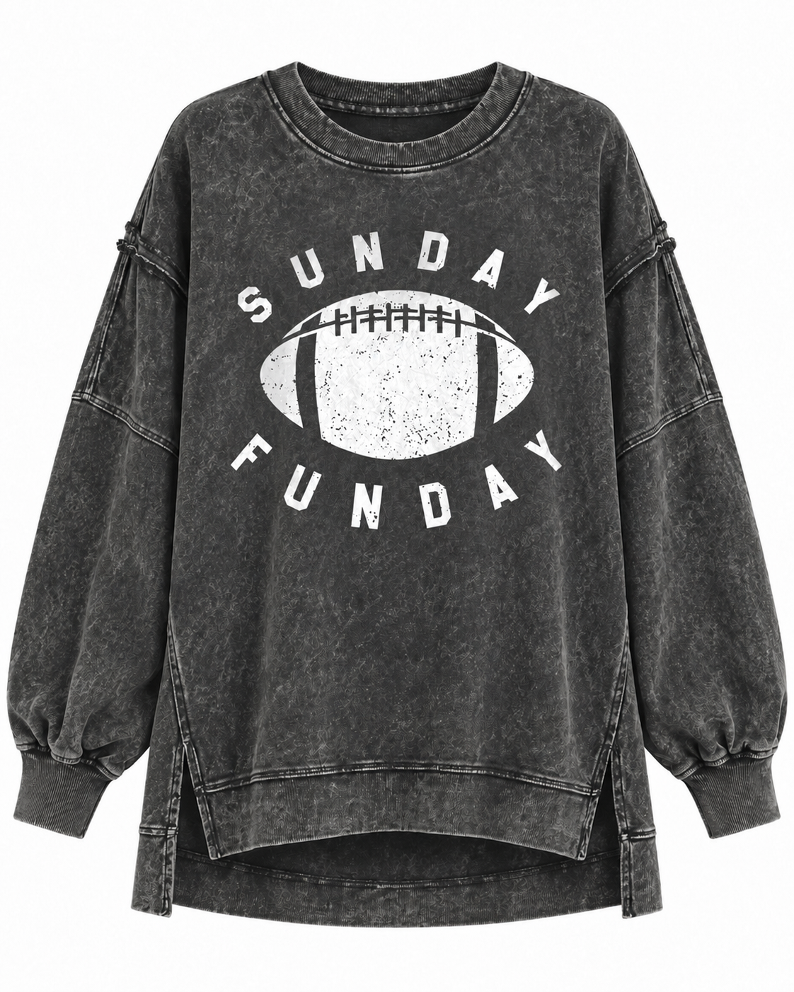 Exposed-Seam Black "Sunday Funday" Oversized Mineral-Washed Pullover