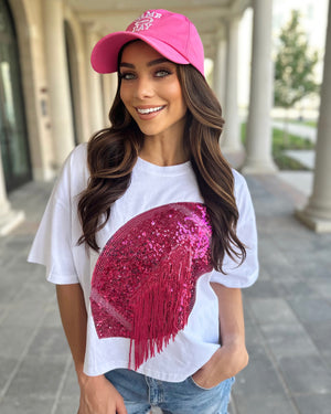 White/Hot Pink Cropped Sequin Fringe Football Tee (Ships 10/15) - Live Love Gameday®