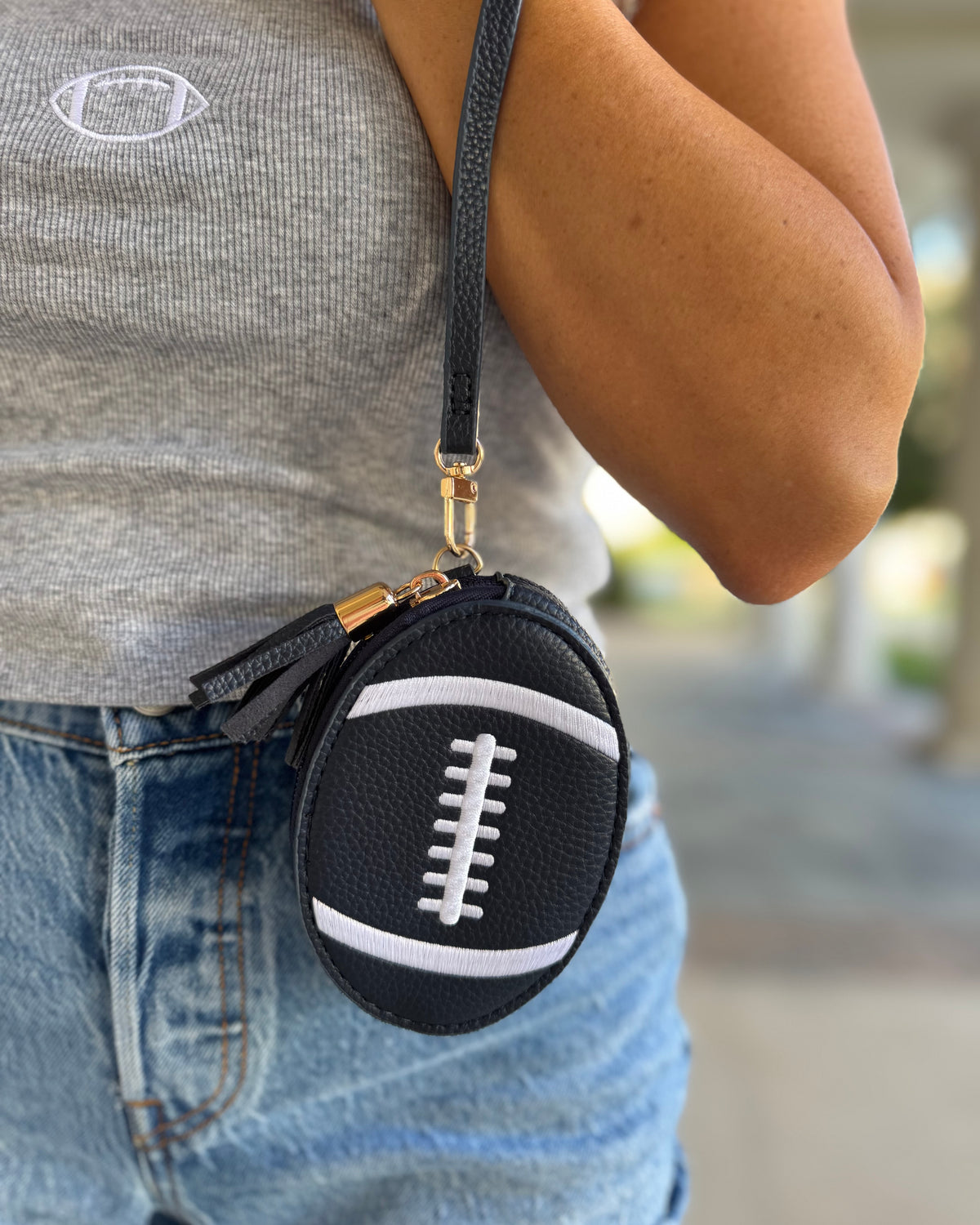 Navy Football-Shaped Faux Leather Wristlet