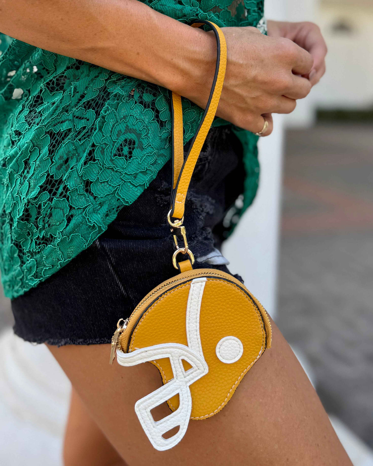 Mustard Yellow Faux Leather Game Day Football-Helmet Coin Purse Wristlet
