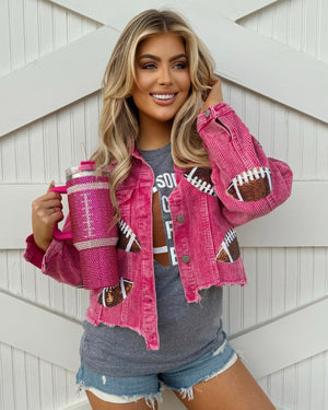 Pre-Order: Hot Pink Corduroy Sequin FOOTBALL Jacket (Ships Approx. 6/20)