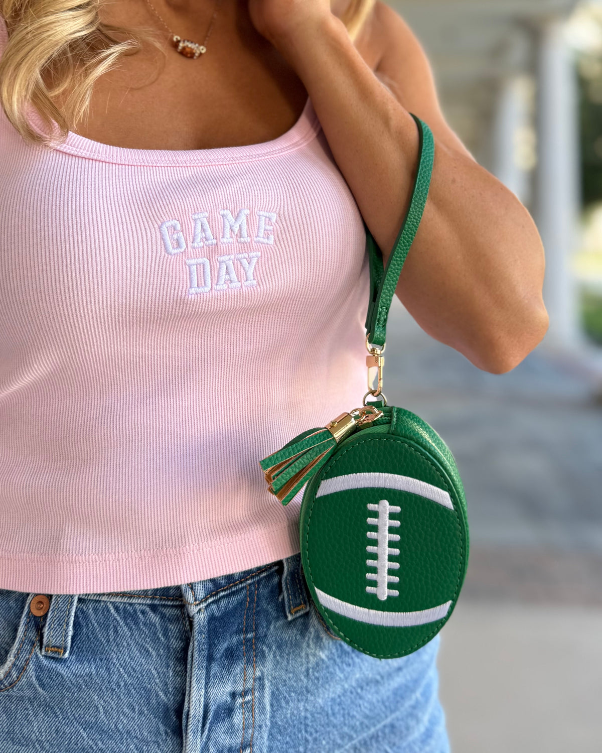 Bright Green Football-Shaped Faux Leather Wristlet