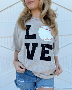Faded Gray Mineral Dipped Stacked “LOVE” Baseball Tee - Live Love Gameday®
