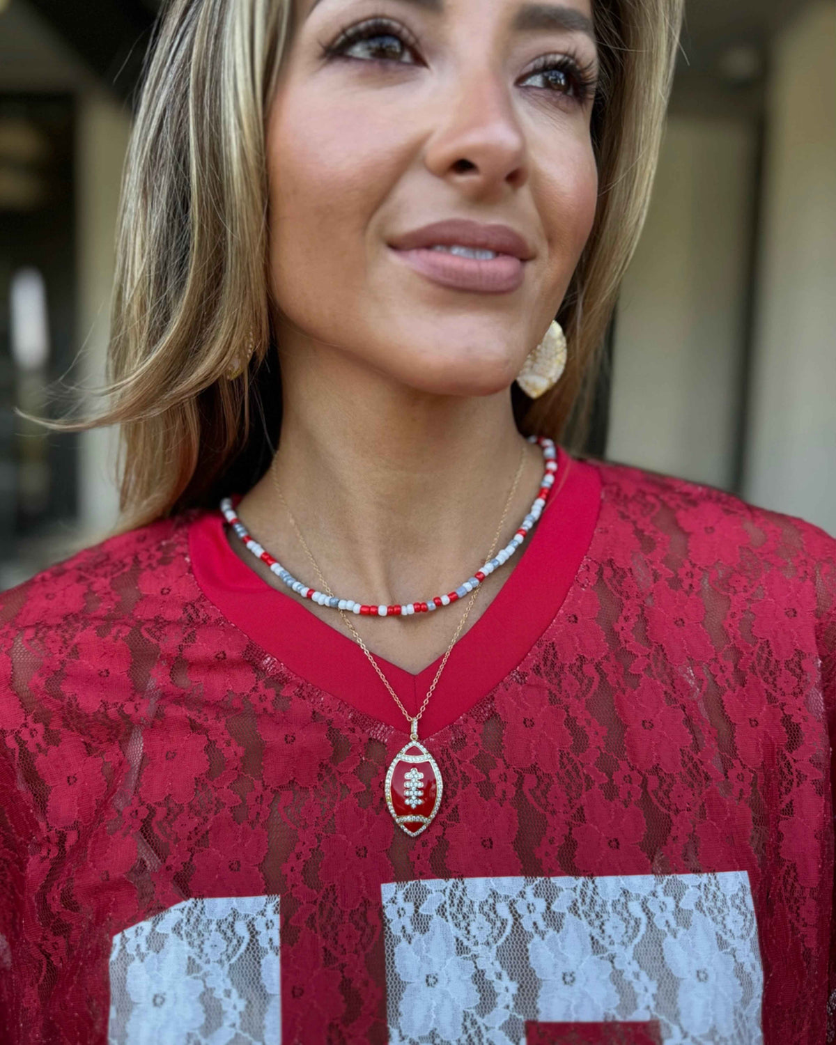 Red/Gray Sidelines Beaded Necklace