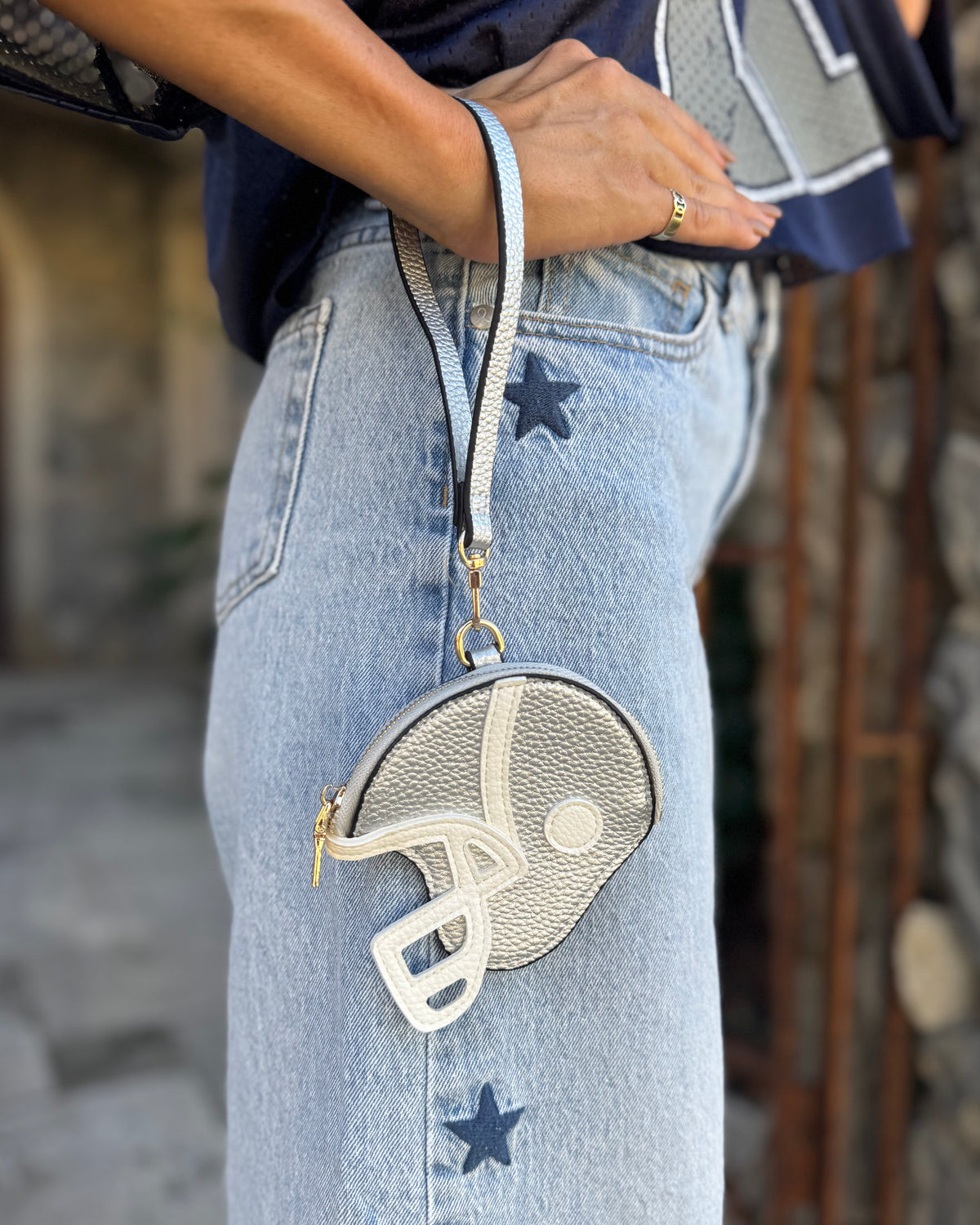 Silver Faux Leather Game Day Football-Helmet Coin Purse Wristlet