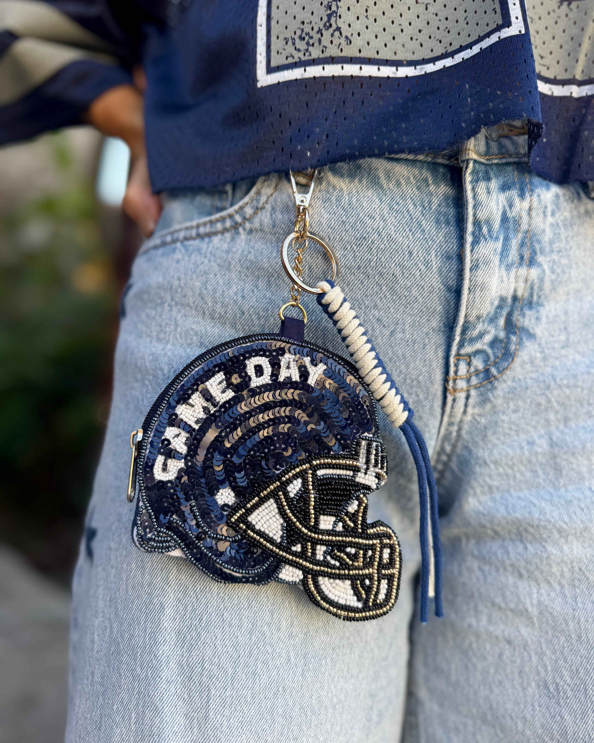 Sequin Navy Helmet Coin Purse Keychain