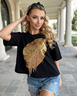Black/Gold Cropped Sequin Fringe Football Tee (Ships 10/20) - Live Love Gameday®