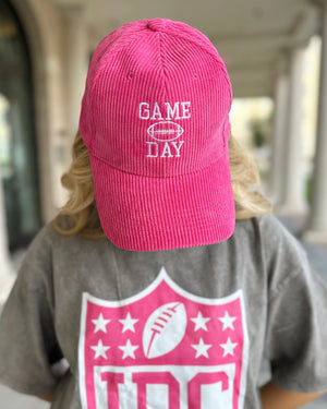 Hot Pink Corduroy Embroidered “GAME DAY” Football Cap (Ships 10/15) - Live Love Gameday®