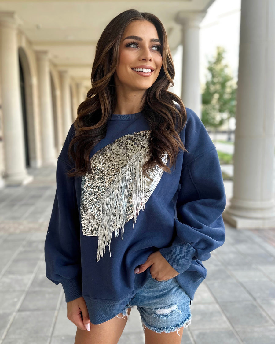 Navy/Silver Sequin Fringe Football Pullover (Ships 10/20) - Live Love Gameday®