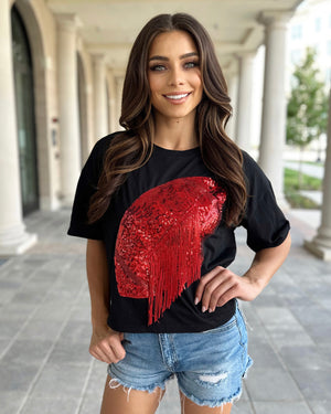Black/Red Cropped Sequin Fringe Football Tee (Ships 10/20) - Live Love Gameday®