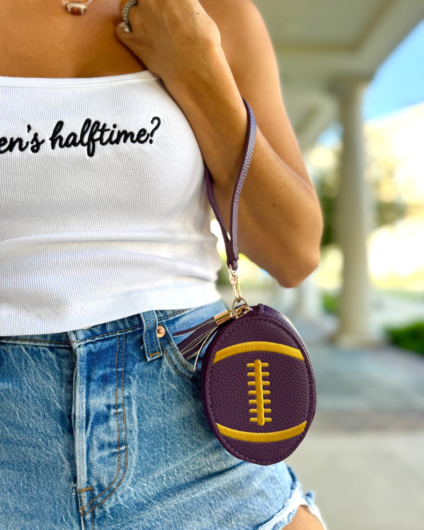 Purple + Gold Football-Shaped Faux Leather Wristlet