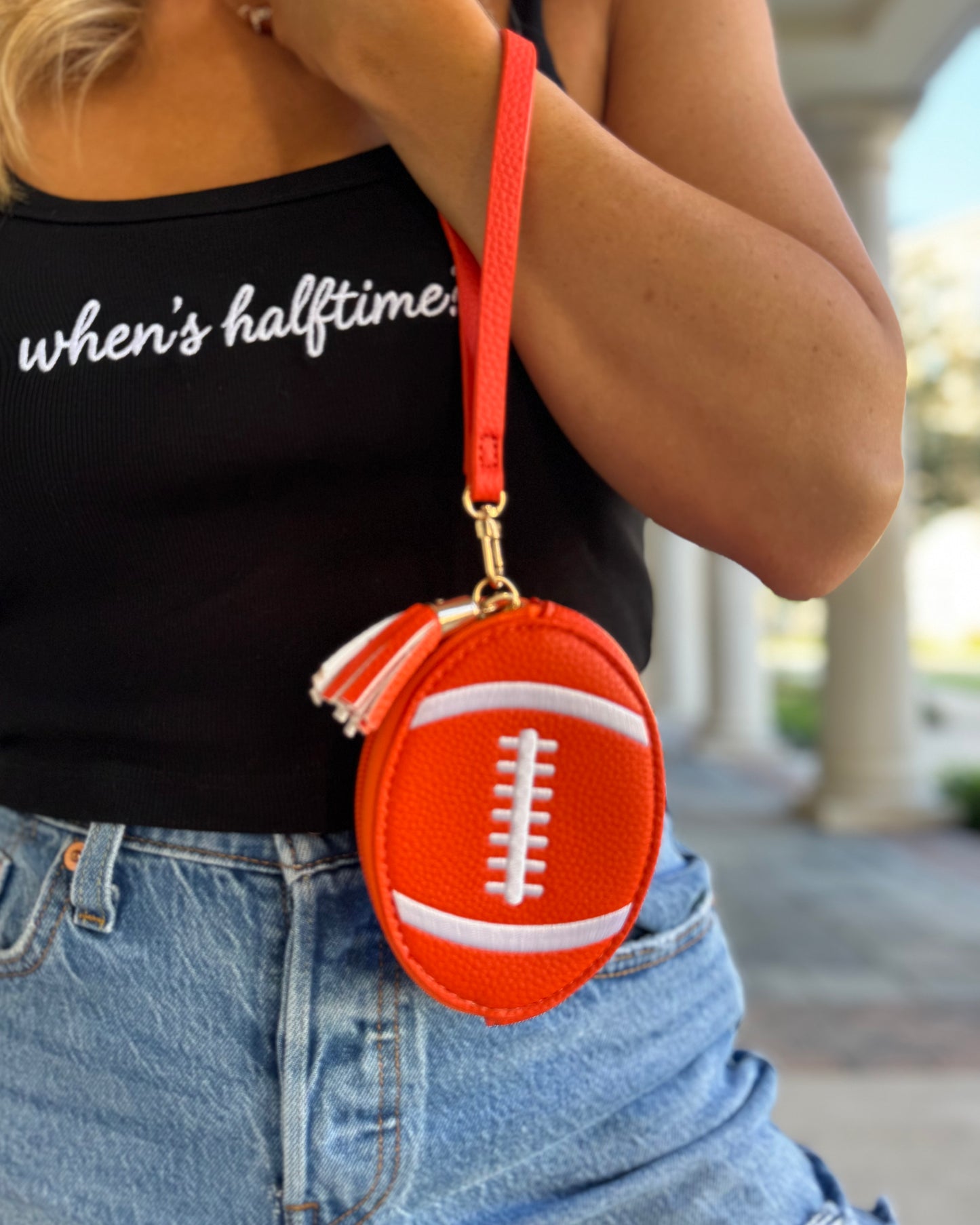 Orange Football-Shaped Faux Leather Wristlet