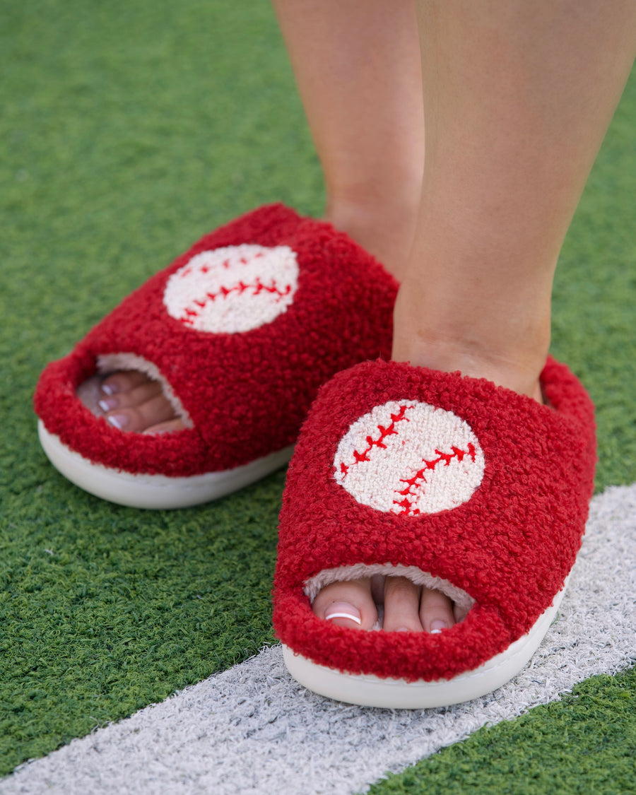 Red Baseball Cozy Plush Open Toe Slippers (Pre-Order) - Live Love Gameday®