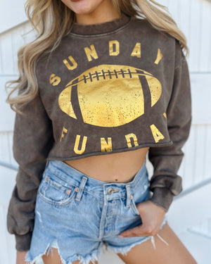 Mineral-Wash “SUNDAY FUNDAY” Mocha Gold Foil Cropped Pullover (Pre-Order Ships 9/15) - Live Love Gameday®