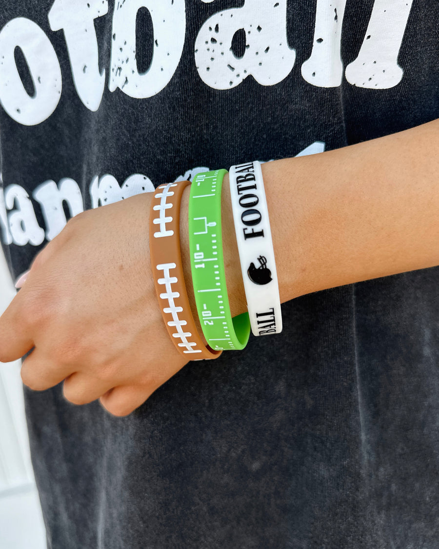 Silicone Football Bracelet Set Of 3 (Yard Lines, Football Laces & Helmet) - Live Love Gameday®