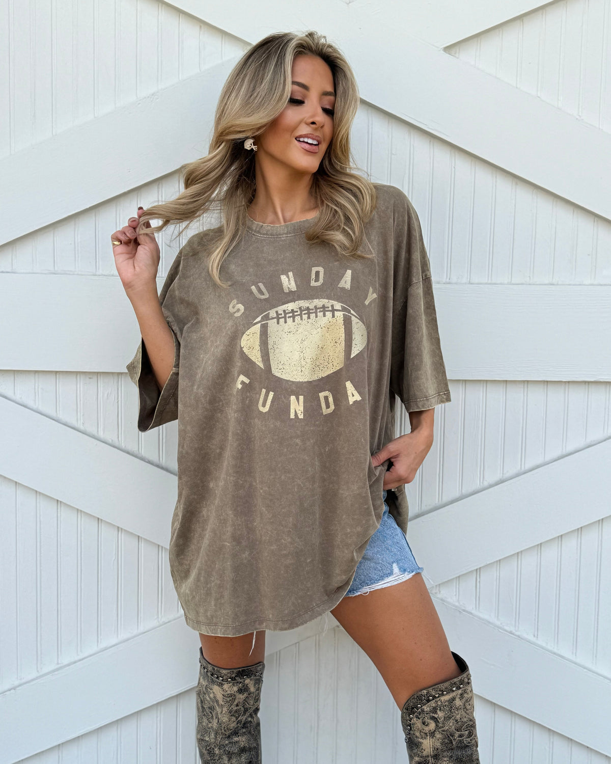 Mocha "Sunday Funday" Oversized Mineral-Washed Football Tee