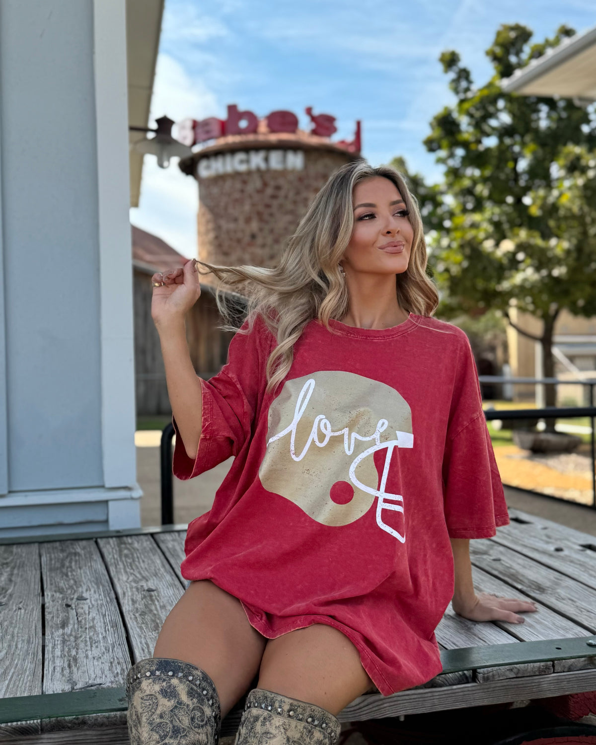Red "Football Helmet Love" Oversized Mineral-Washed Tee