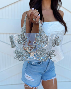 Floral Silver Crystal Embellished Stadium-Approved Tote Purse - Live Love Gameday®