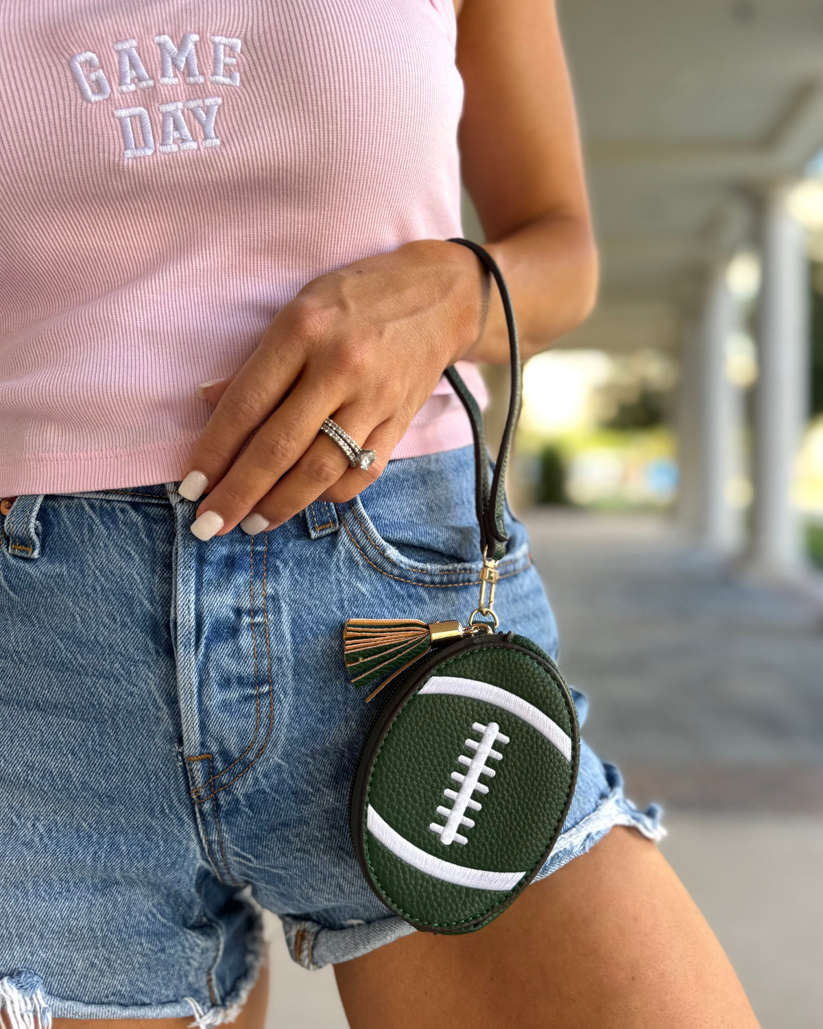 Deep Green Football-Shaped Faux Leather Wristlet