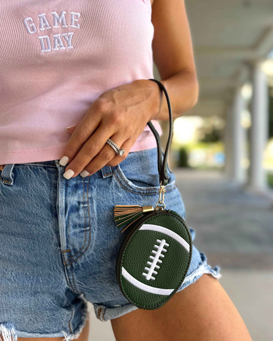 Deep Green Football-Shaped Faux Leather Wristlet