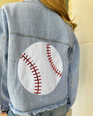 Denim Sequin Baseball Frayed Jacket (Pre-Order Ships Approx. 3/30) - Live Love Gameday®