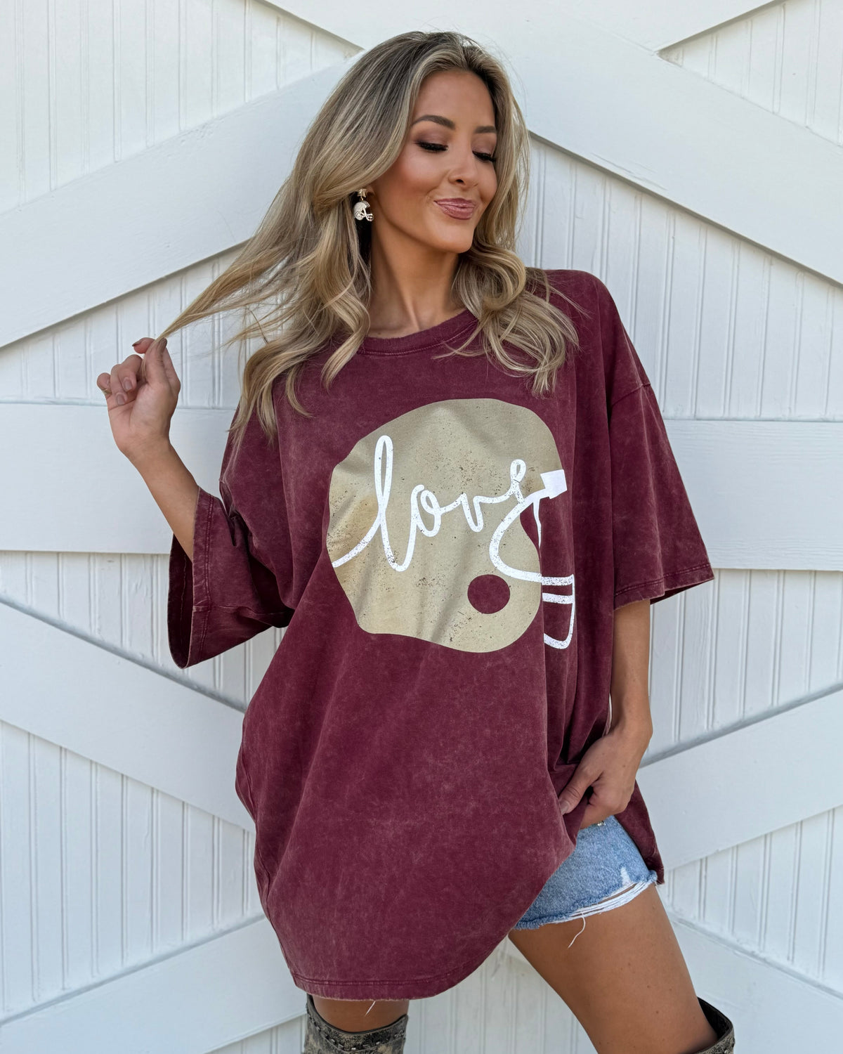 Wine "Football Helmet Love" Oversized Mineral-Washed Tee