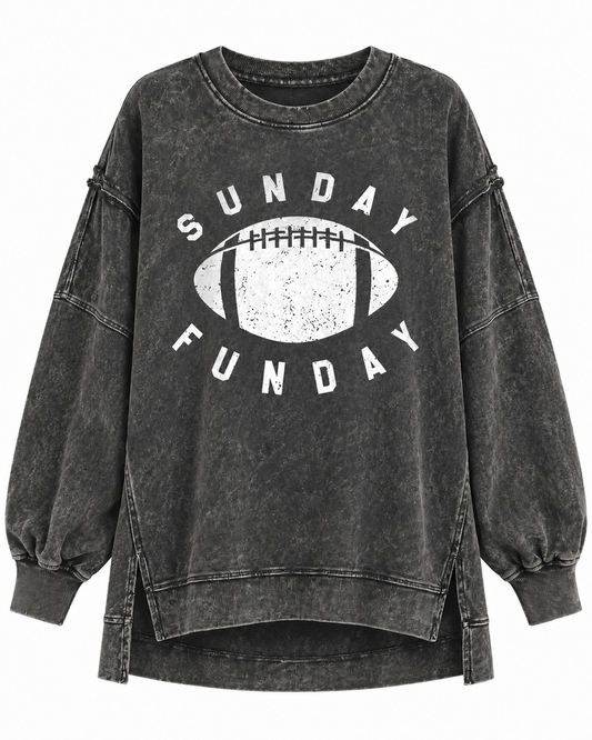Exposed-Seam Black "Sunday Funday" Oversized Mineral-Washed Pullover