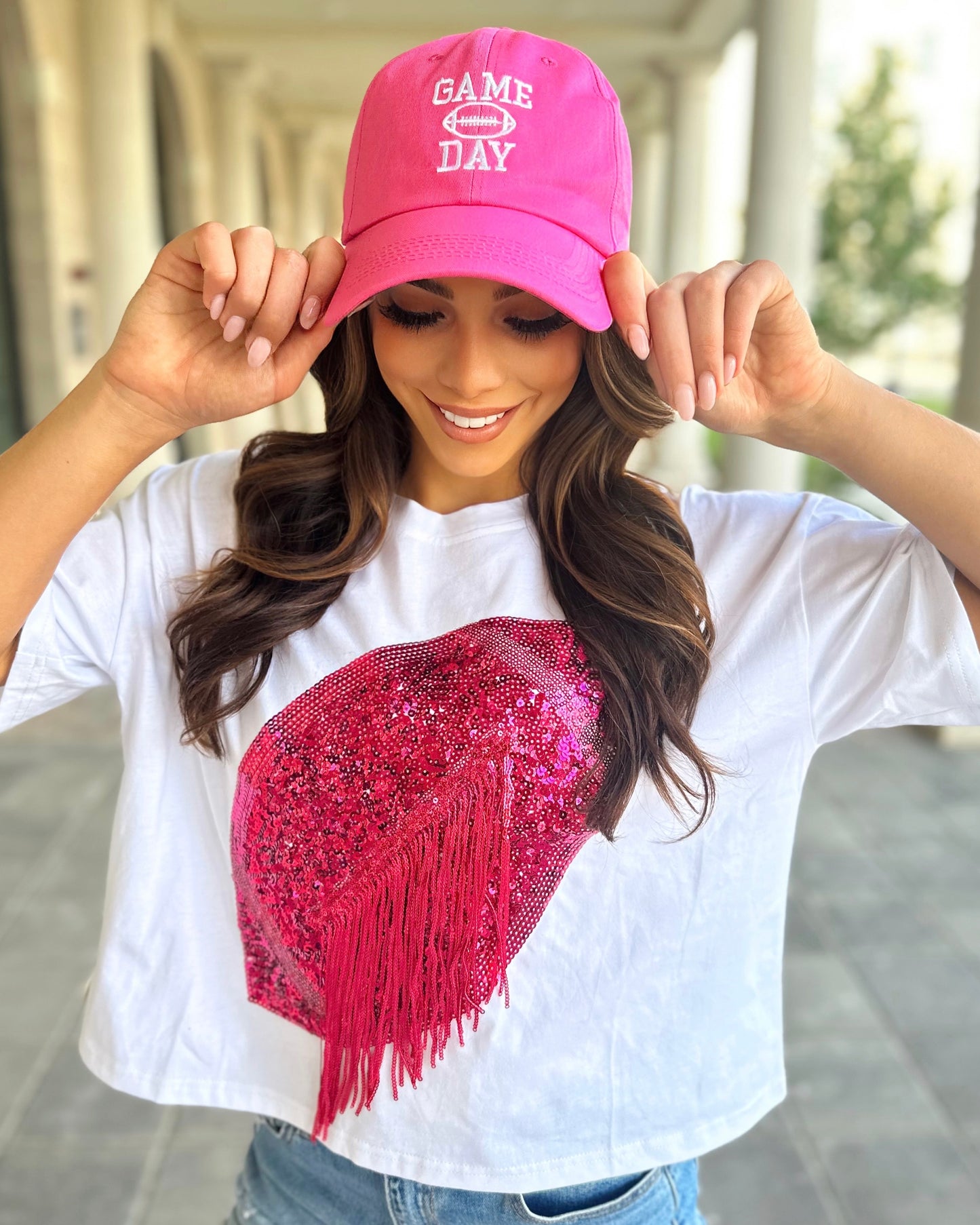 White/Hot Pink Cropped Sequin Fringe Football Tee (Ships 10/15) - Live Love Gameday®