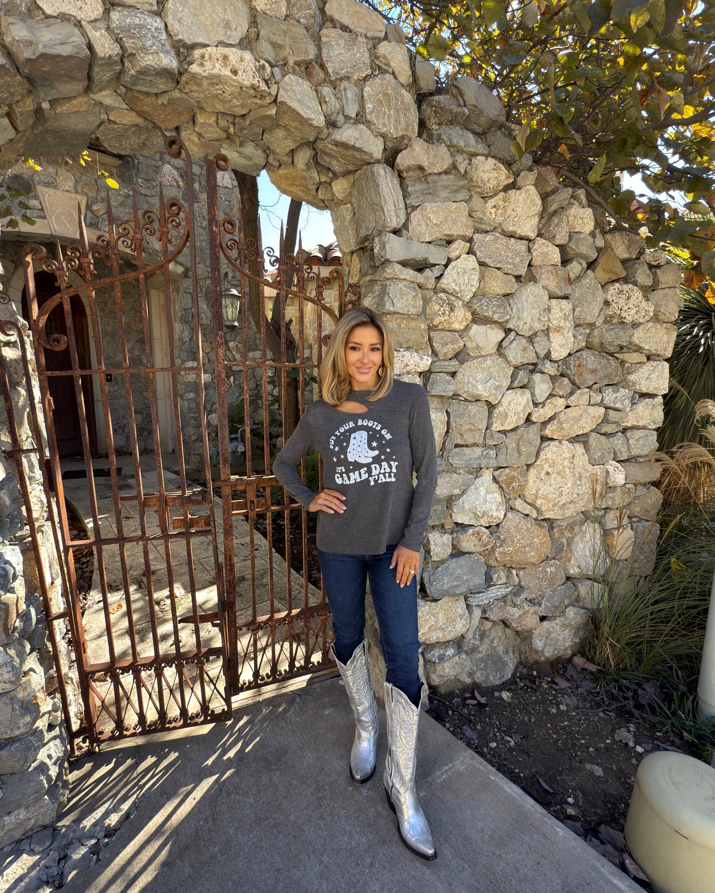 Charcoal “Put Your Boots On It’s Game Day Y’all” Cut-Out Neckline Long-Sleeve Top