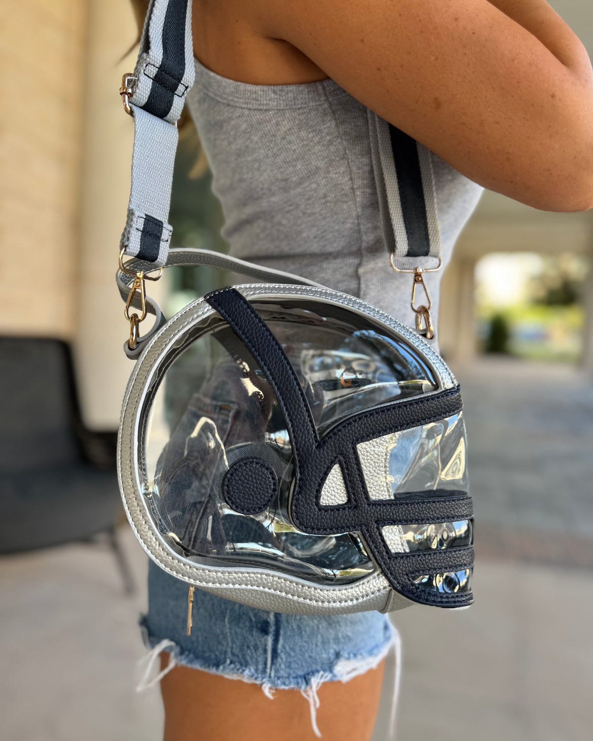 Navy Silver Football-Helmet Stadium-Approved Clear Purse
