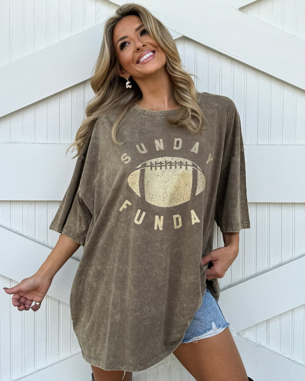 Mocha "Sunday Funday" Oversized Mineral-Washed Football Tee