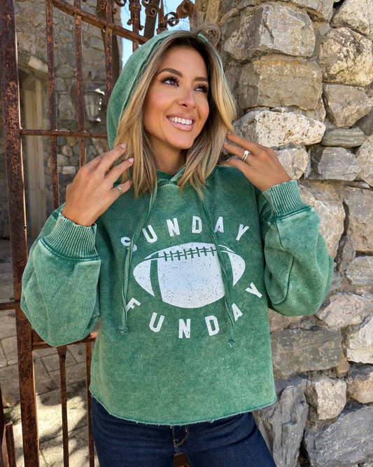 Green Curved “Sunday Funday” Acid-Washed Semi-Cropped Hoodie