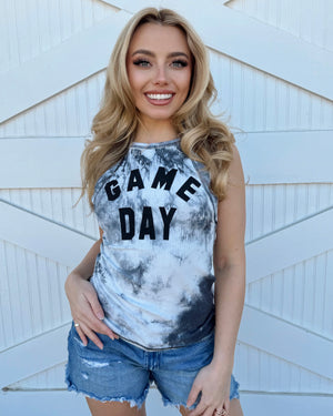 Black Tie-Dye “GAME DAY” Mock Neck Fitted Tank - Live Love Gameday®