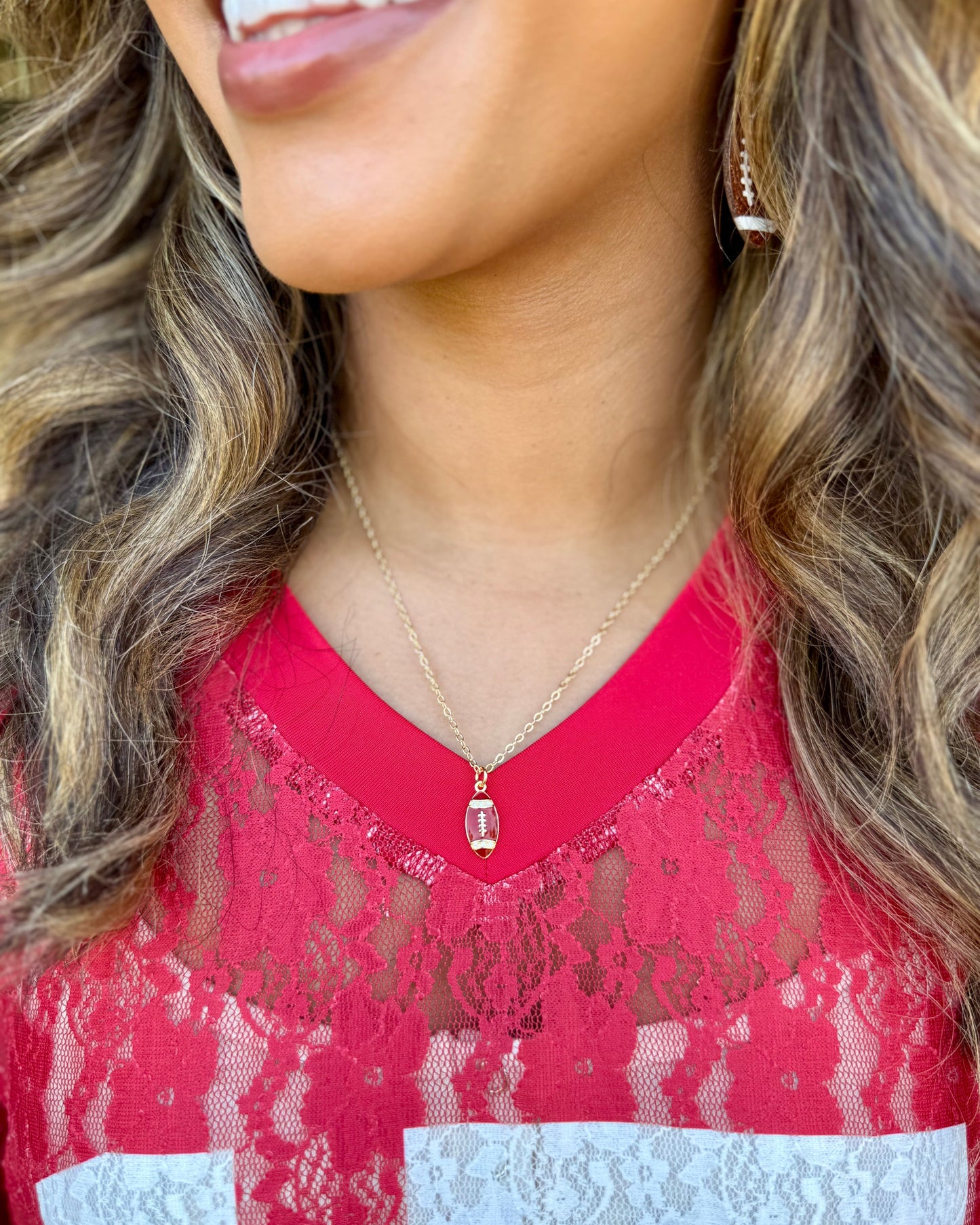 Red 18K Gold Micro-Pave Dainty FOOTBALL Necklace