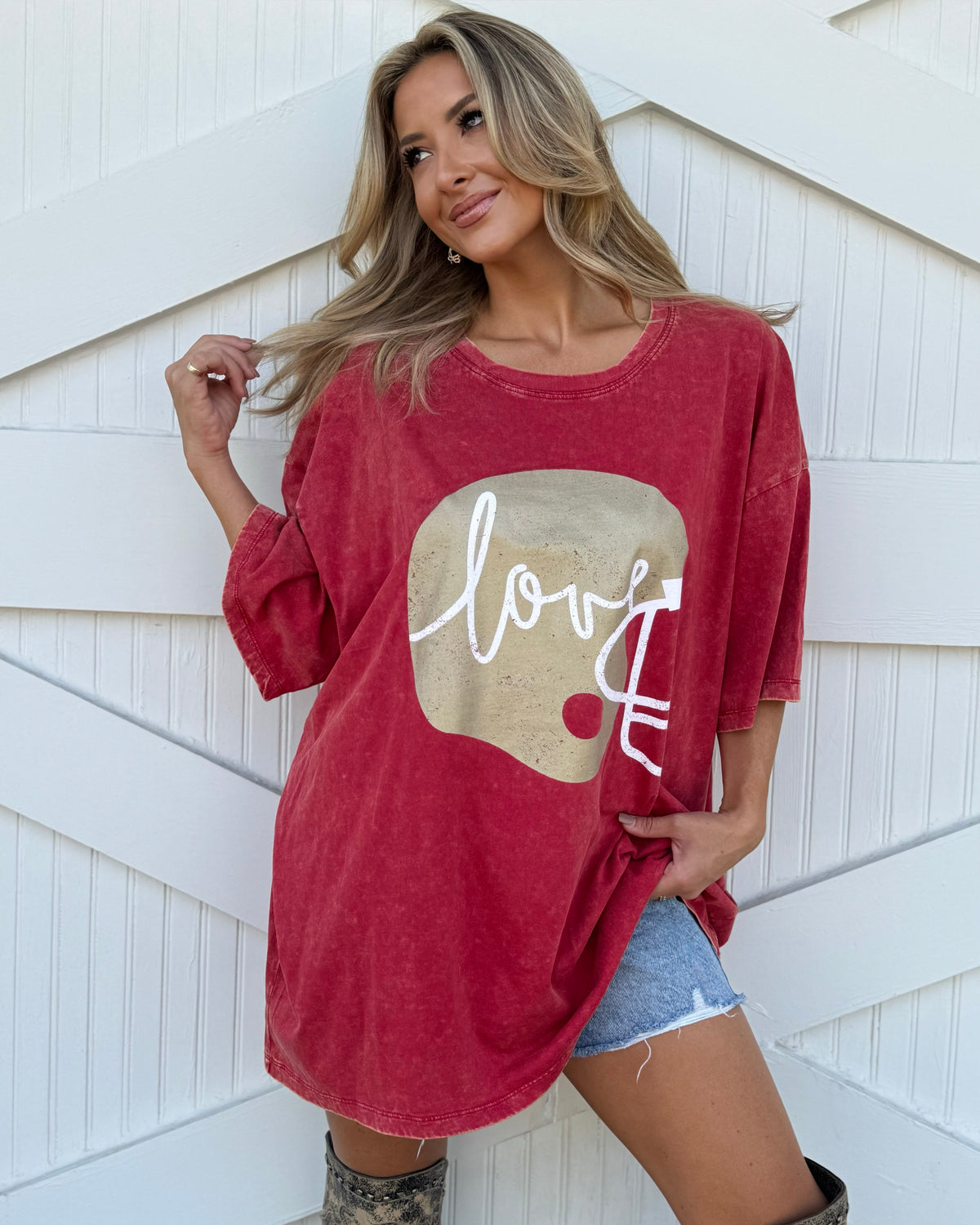 Red "Football Helmet Love" Oversized Mineral-Washed Tee