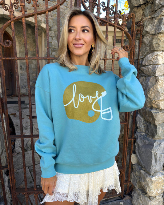 Light Teal Metallic Gold “Football Helmet” Pullover