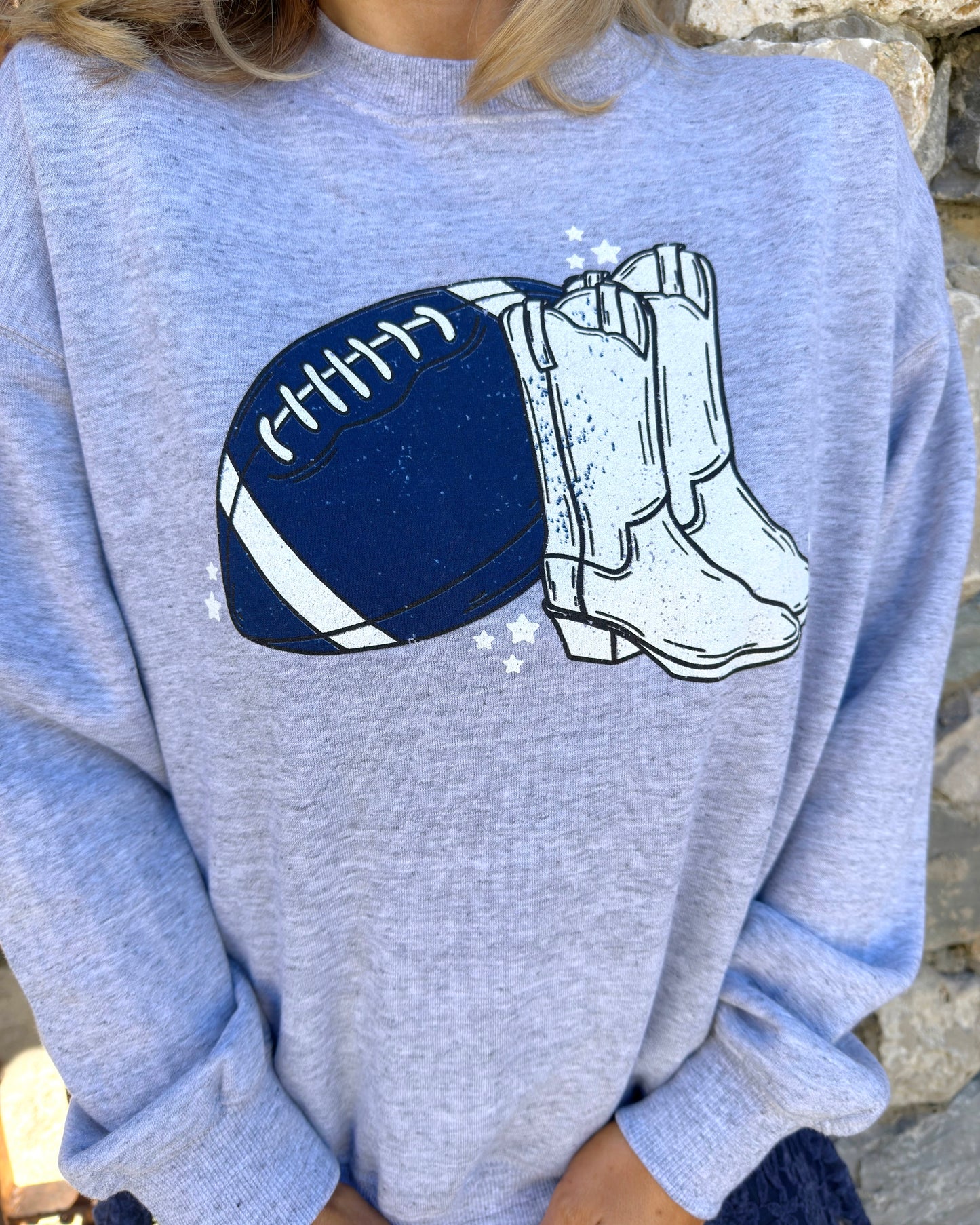 Navy Football + White Cowboy Boot Fleece-Lined Cozy Pullover