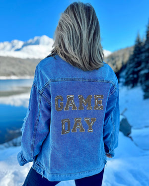 FOOTBALL Letters “GAME DAY” Sport Chenille-Patch Denim Jacket - Live Love Gameday®