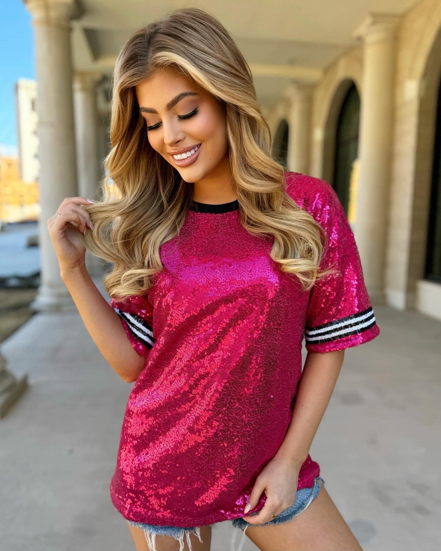 Pink Stripe Sequin Football Top