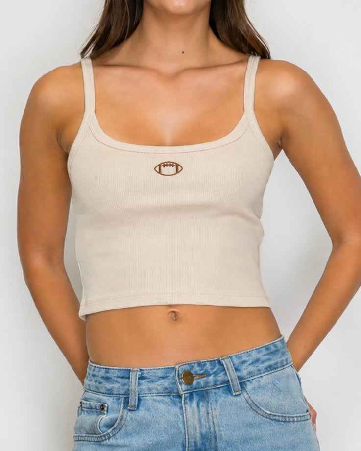 Beige + Brown Football Embroidered Mini Ribbed Tank