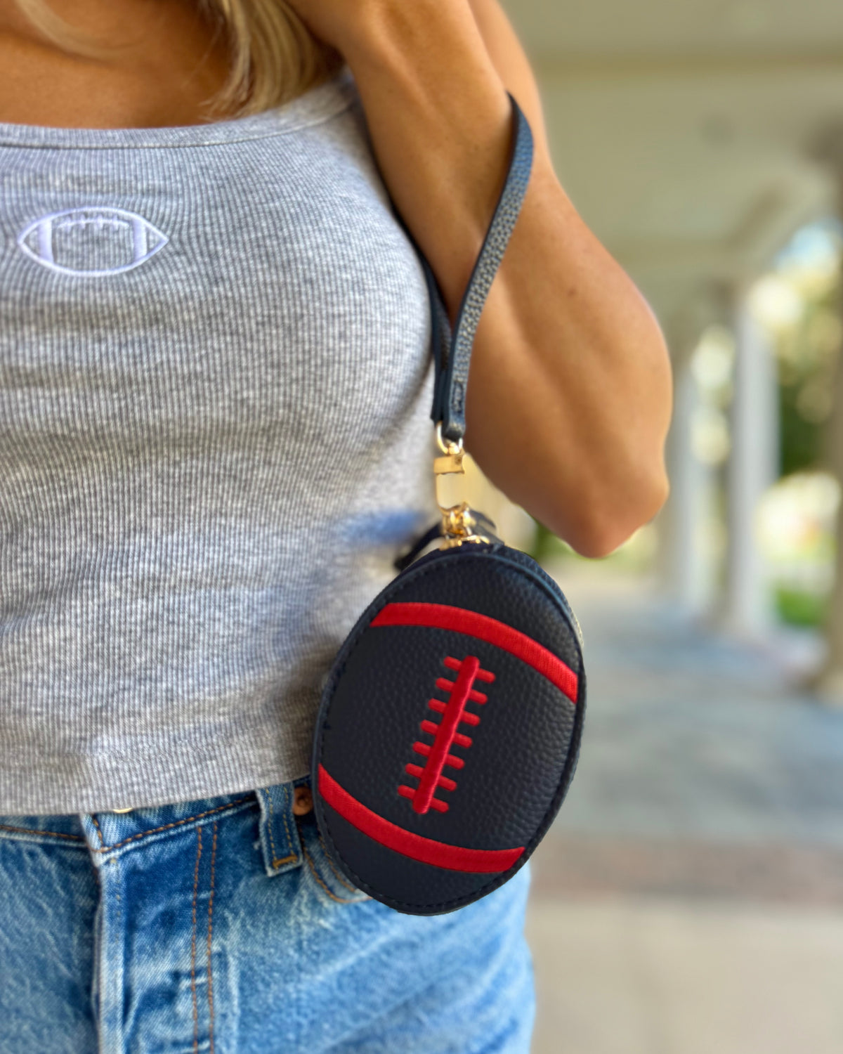 Navy + Red Football-Shaped Faux Leather Wristlet