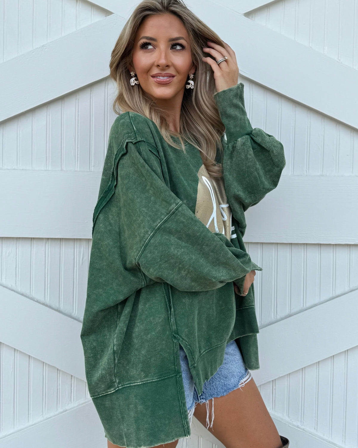 Exposed-Seam Green "Football Helmet Love" Oversized Mineral-Washed Pullover