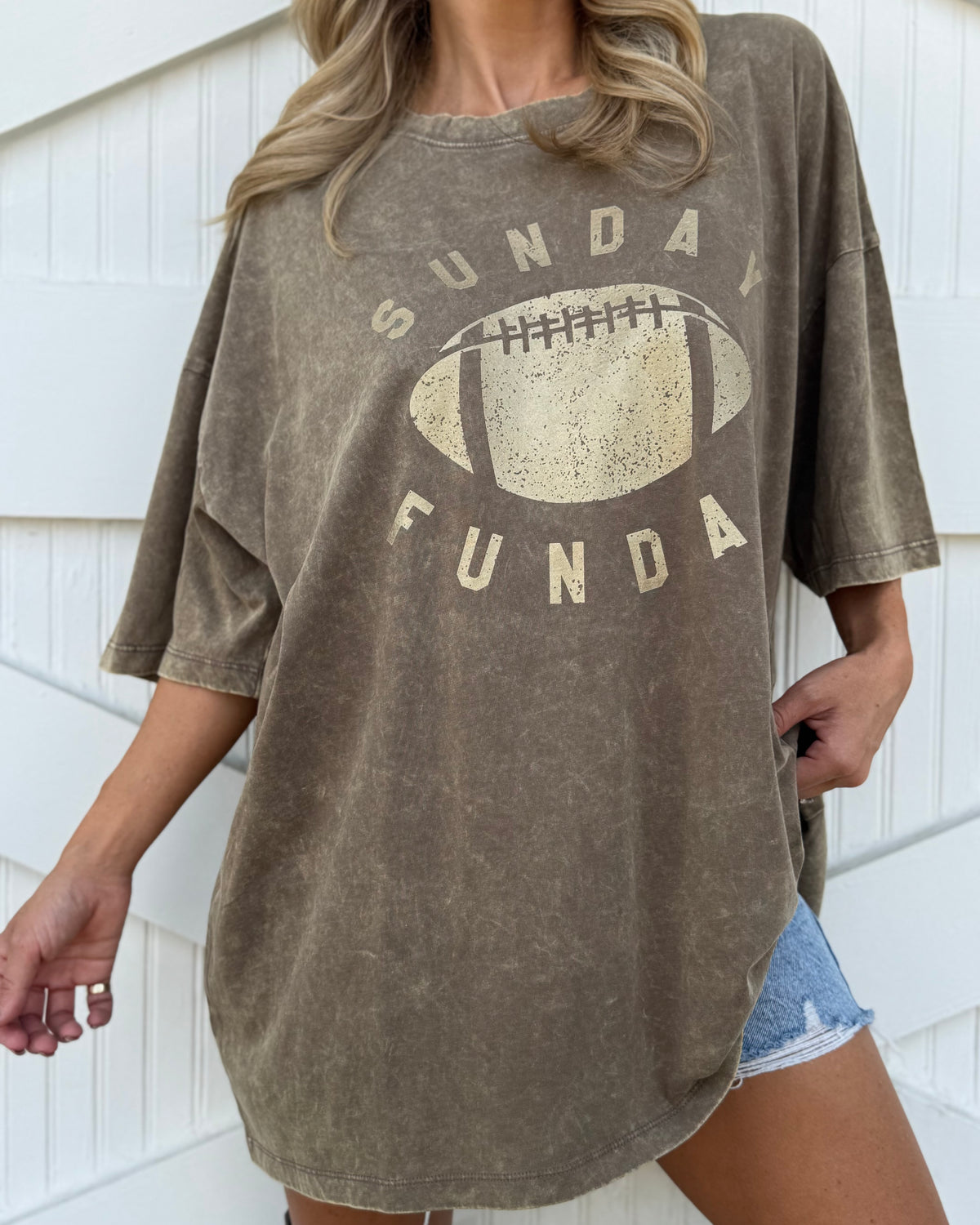 Mocha "Sunday Funday" Oversized Mineral-Washed Football Tee