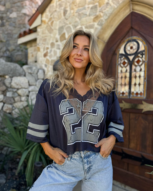 Navy "22" Lace V-Neck Cropped Jersey