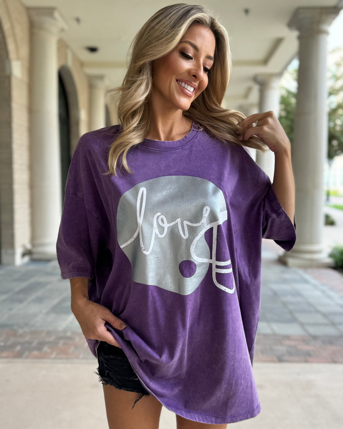 Violet Purple "Football Helmet Love" Oversized Mineral-Washed Tee