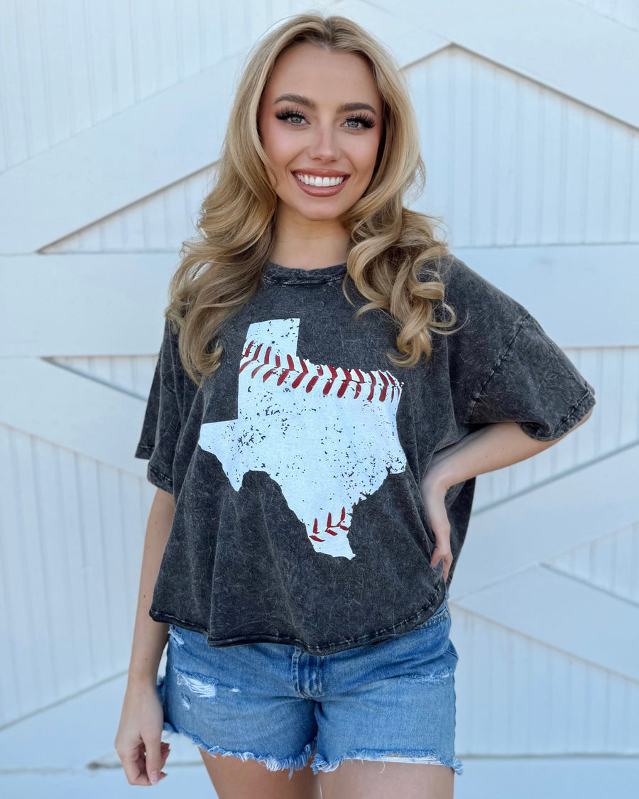 Vintage Black Baseball In “Texas” Mineral-Dipped Flowy Cropped Tee - Live Love Gameday®