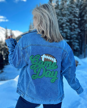 GREEN Script GAME DAY Chenille-Patch Denim Jacket - Live Love Gameday®