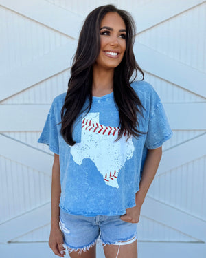 Blue Baseball In “Texas” Mineral-Dipped Flowy Cropped Tee - Live Love Gameday®