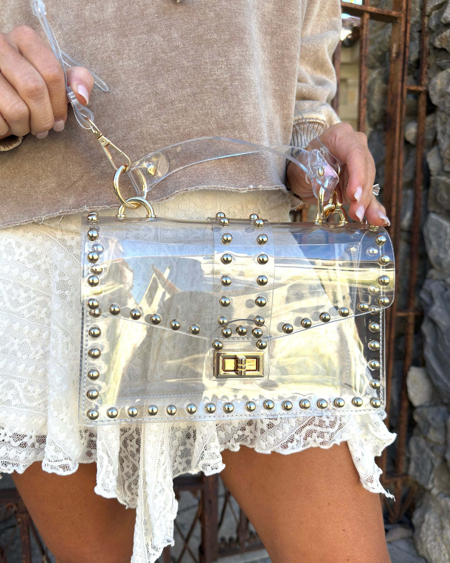 Gold/Clear Studded Clear Top Handle Crossbody Bag