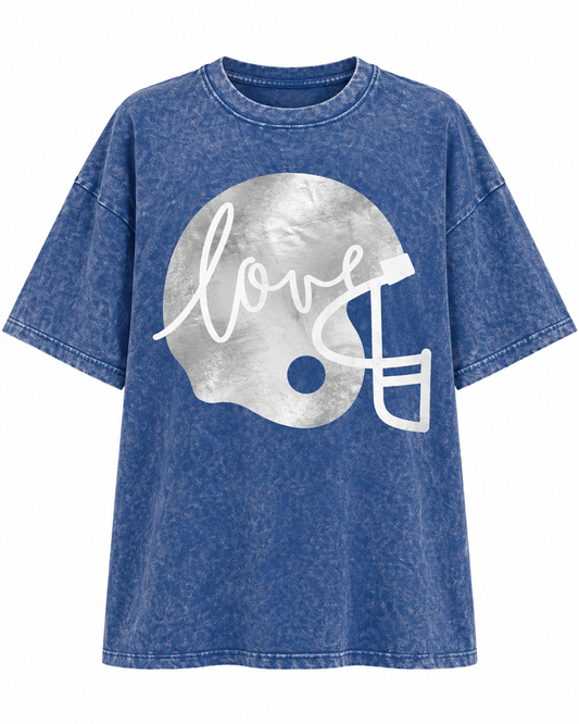 Blue "Football Helmet Love" Oversized Mineral-Washed Tee